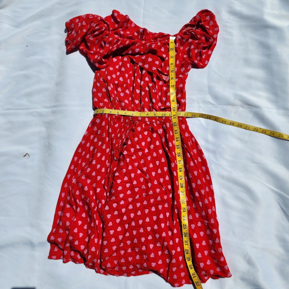 Vivi Red With Pink Hearts Dress Size Medium Off The Shoulder And Waist Tie - Picture 3 of 8